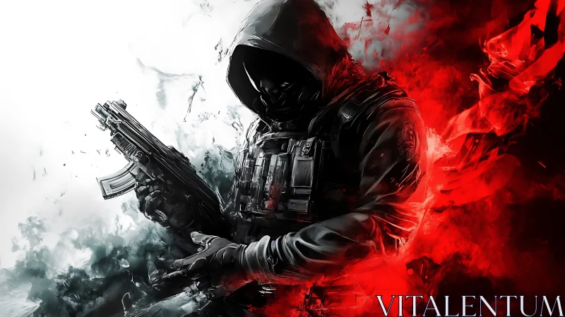 Hooded assault operative framed by red and white smoke