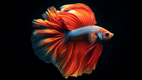 Macro side profile of flowing orange betta fish fins