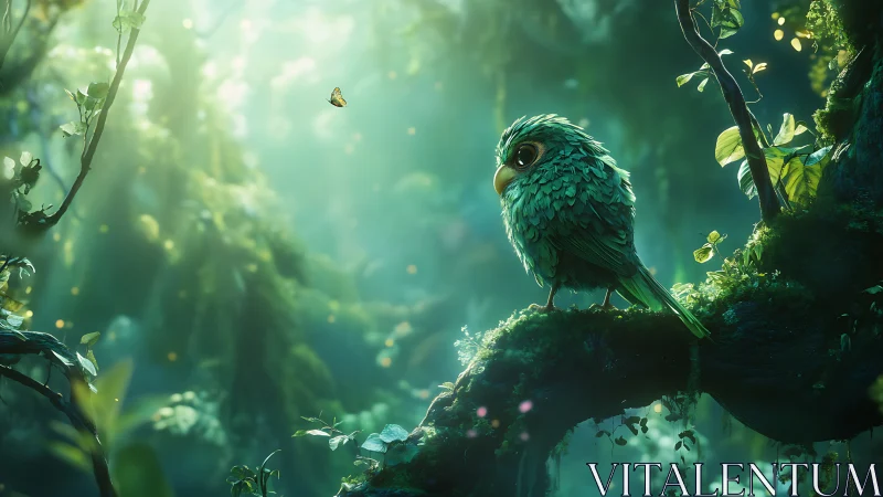 Feathered forest dreamling studies a drifting golden butterfly