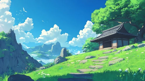 Sunlit mountain shrine stands against expansive cloudscape