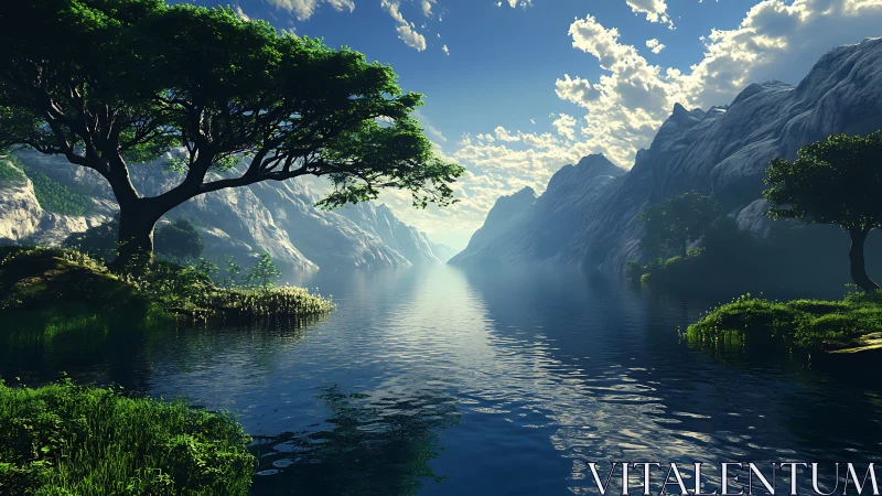 Mountain lake valley with reflective water at sunrise.