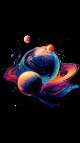 Vibrant swirling nebula orbits vivid planets in deep space