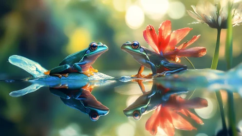 Two stylized frogs face each other on reflective water surface