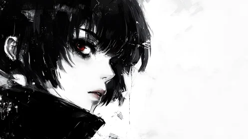 High contrast anime portrait uses fragmented brushwork and stark negative space