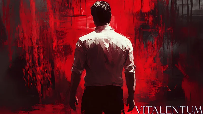 Male figure viewed from behind before red abstract field.