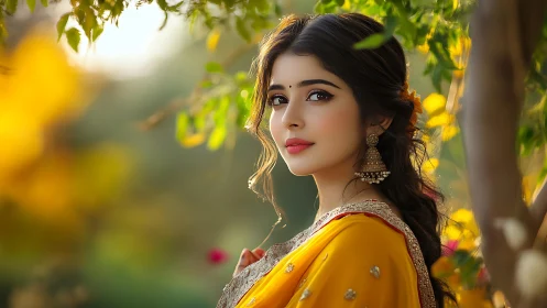 Portrait in shallow depth of field with warm bokeh lighting and sari