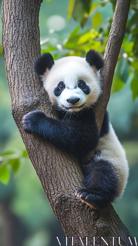Young panda grips vertical tree trunk in forest habitat