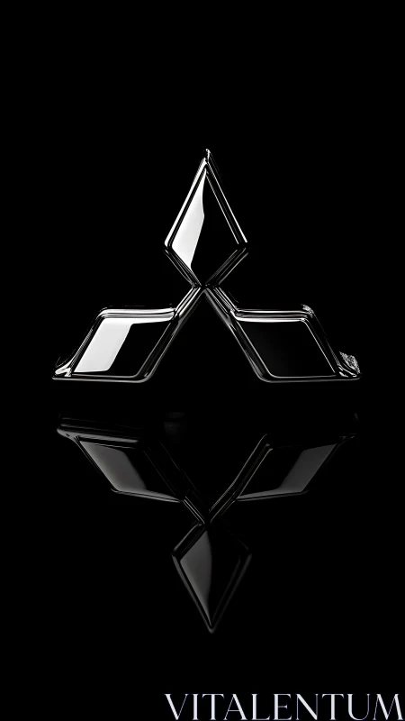 Gleaming geometric chrome shape rests in calm black space