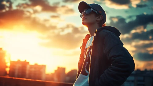 Young person in cap on rooftop during urban sunset.