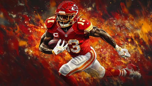 Blazing football runner charges ahead through vivid color