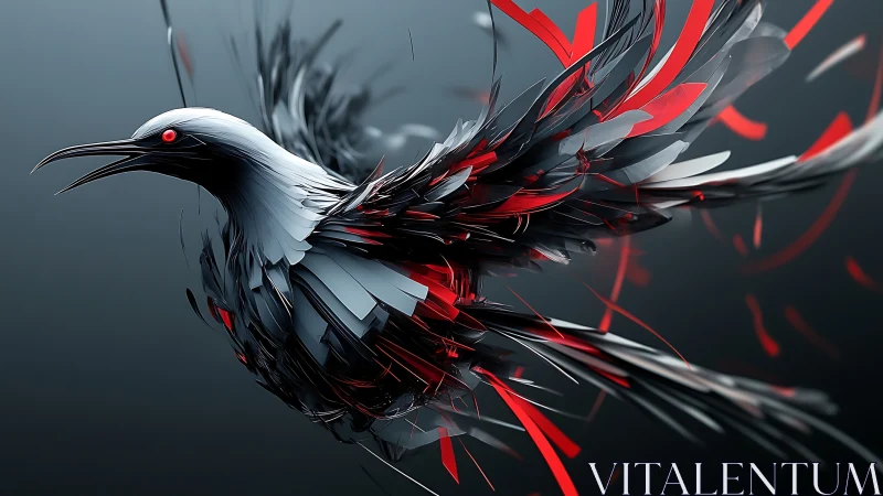 Shards of flight, cyber raven bursting from shadowed storm.