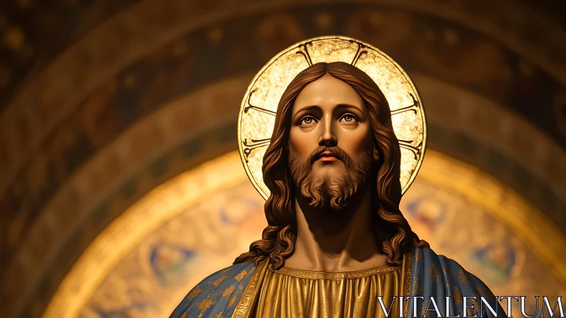 Golden halo portrait of serene sacred figure in prayerful light.