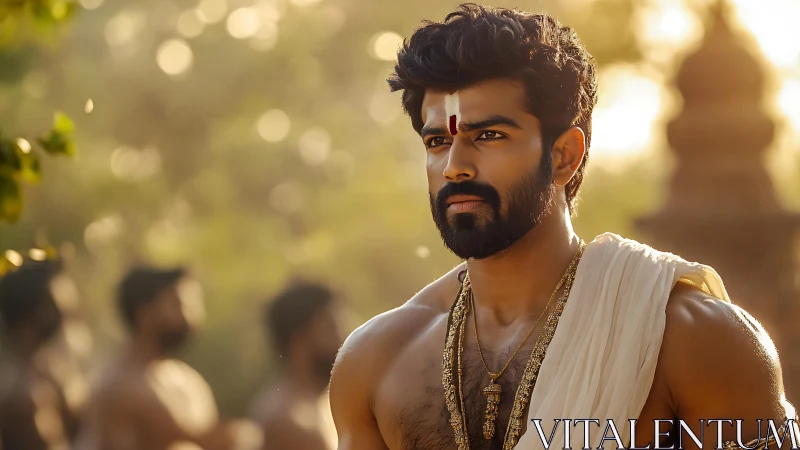 Sunlit portrait of traditional Indian man in temple courtyard