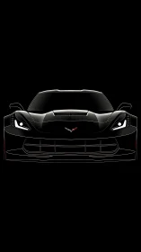 Black sports car front view glows against deep black background