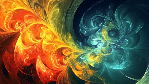 Fractal energy vortex with opposing warm and cool color spirals.