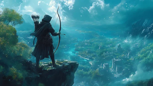 Brave hooded archer quietly overlooks a vast fantasy valley