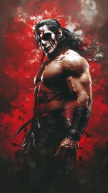 Warrior of crimson stormlight in fierce painted silence.