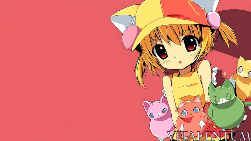 Cat-eared anime girl with colorful plush creatures.