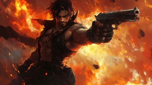 Blazing action hero strides forward through roaring flames