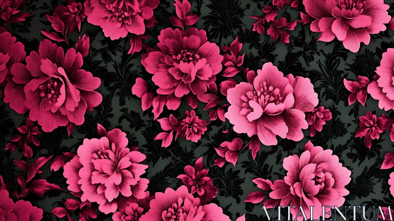 Damask Floral Composition: Vibrant Magenta Peonies on Black Damask Background