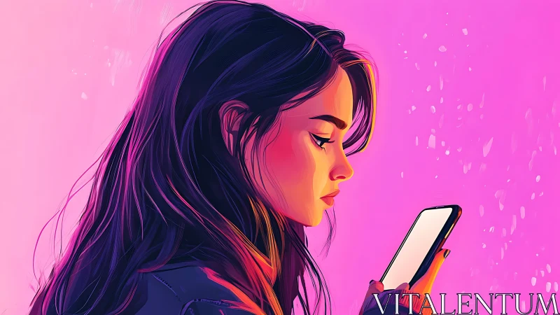 Digital portrait of woman on smartphone in neon gradients