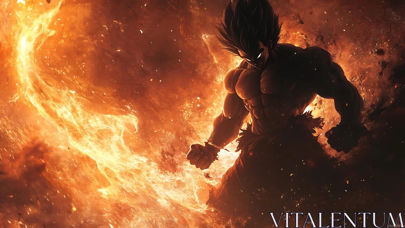 Muscular anime warrior stands in roaring firestorm aura.