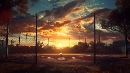 Sunset crowns the quiet baseball diamond with expectant glow
