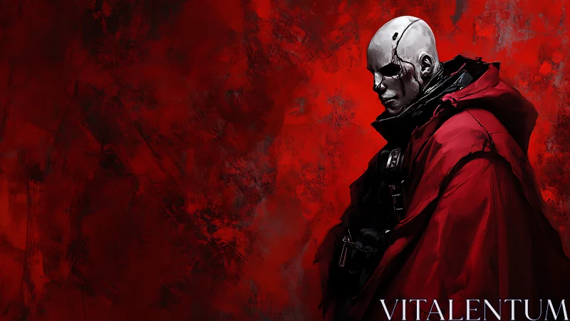 Cyborg warrior in red cloak against rough red background.