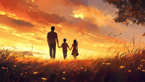 Family stroll beneath a golden sunset sky, held in warm light.