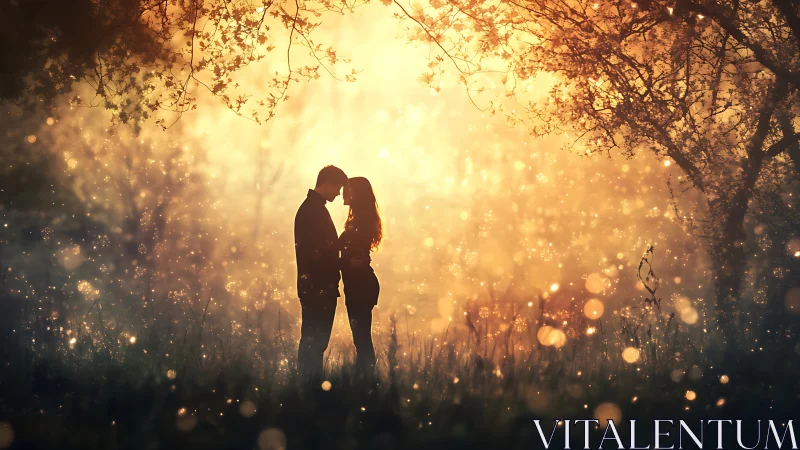 Silhouetted Couple Embracing Under Golden Bokeh Light.