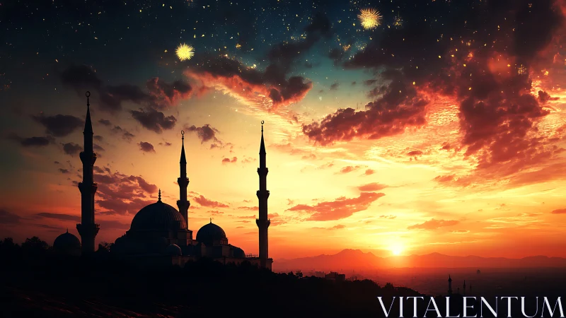 Digital painting mosque skyline under radiant sunset sky.