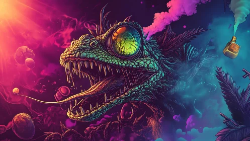 Neon cosmic lizard roars across a wild psychedelic sky