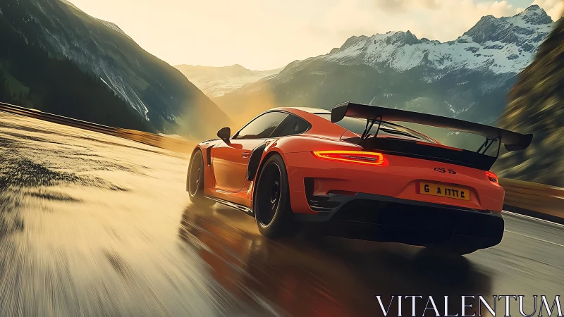 Orange race car powers through sunlit alpine mountain pass