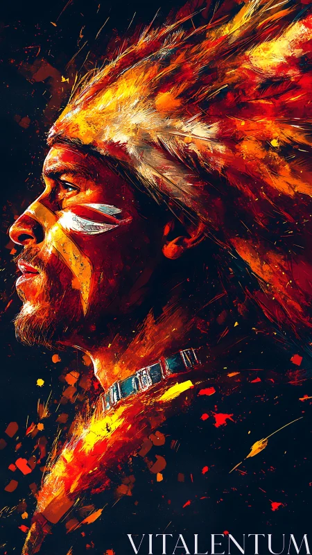 Warrior portrait blazes with tribal fire and motion.