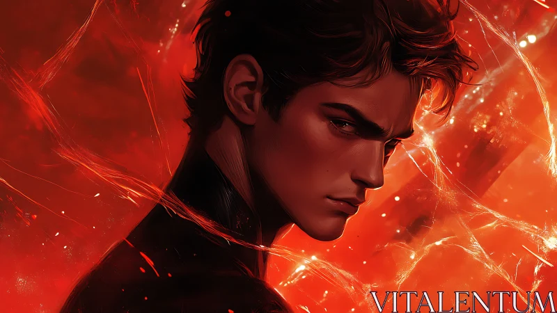 Brooding emberborn hero carved from molten twilight flame.