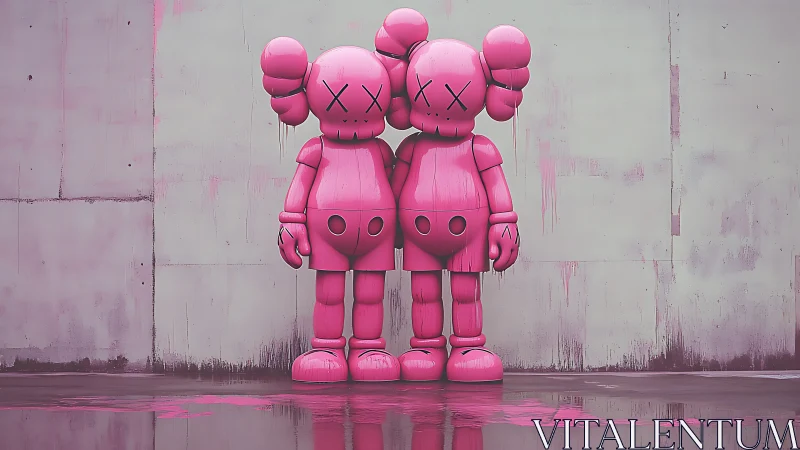 Pink twin vinyl guardians melt into a dreamy concrete wall.