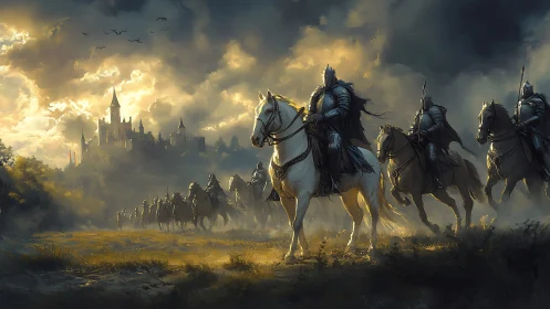 Armored knights on horseback approach stormlit castle ramparts.