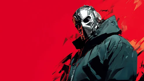 Masked figure in dark coat against flat red backdrop.