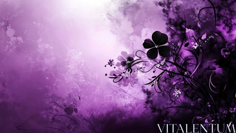 Purple Floral Abstraction with Cascading Silhouette Flowers