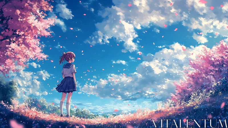Schoolgirl gazes at drifting petals under luminous spring sky