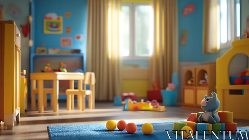 Sunlit preschool playroom with scattered toys on floor.