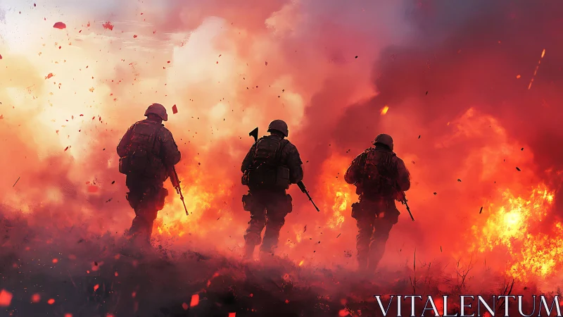 Three Soldiers in Intense Battlefield Environment with Explosions