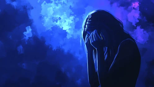 Solitary figure weeps beneath moody electric blue clouds