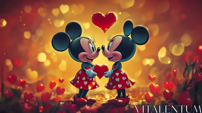 Anthropomorphic cartoon characters with pronounced cranial features exhibiting romantic gesture with