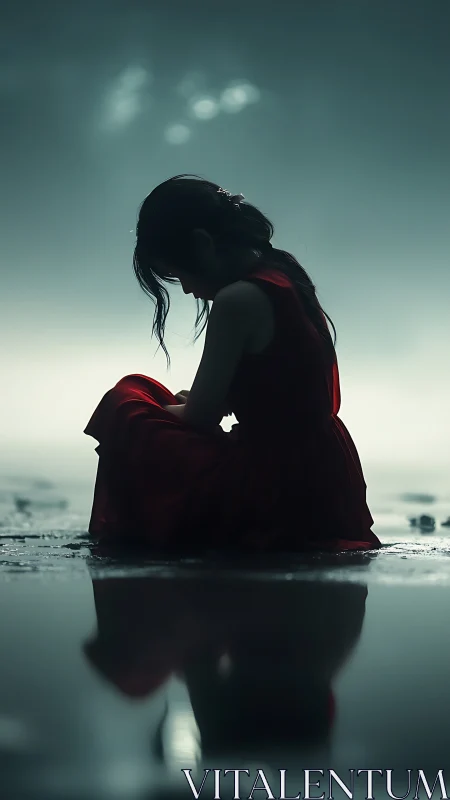 Solitary girl in red dress rendered as moody digital silhouette
