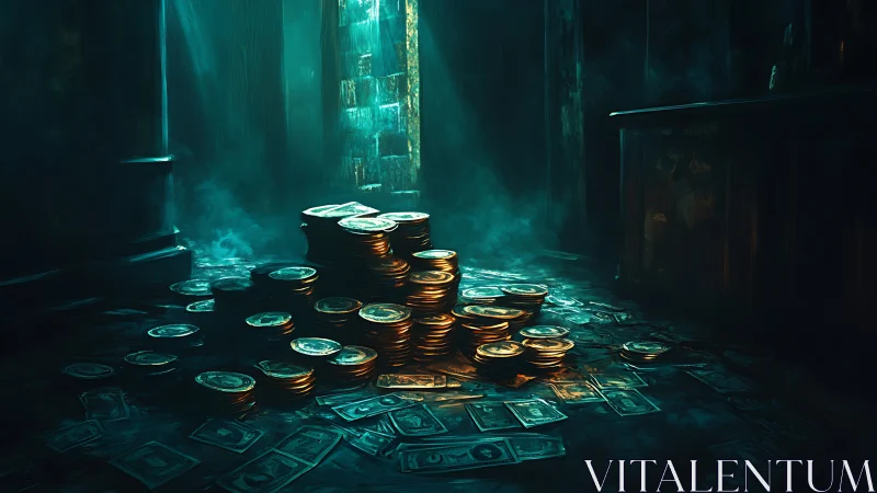 Hidden chamber of glowing coins and scattered cash awaits.