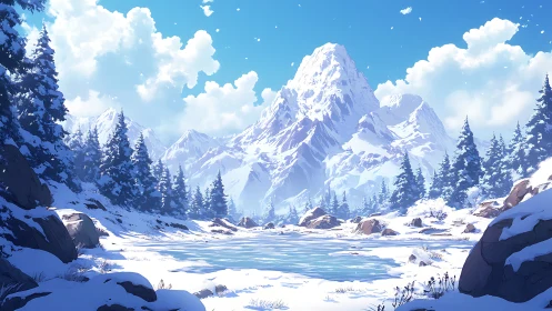 Snow-covered conifer forest surrounds frozen alpine lake calmly