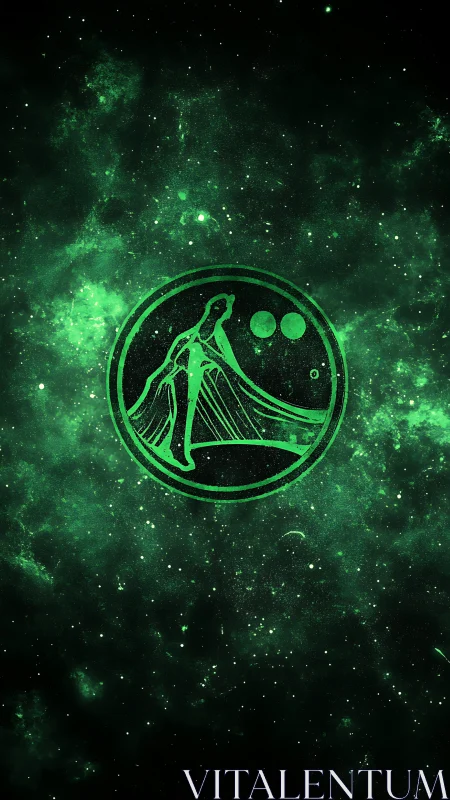 Neon green Virgo emblem floats within dense fractal starfield