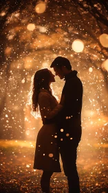 Silhouetted couple with bokeh light particles.