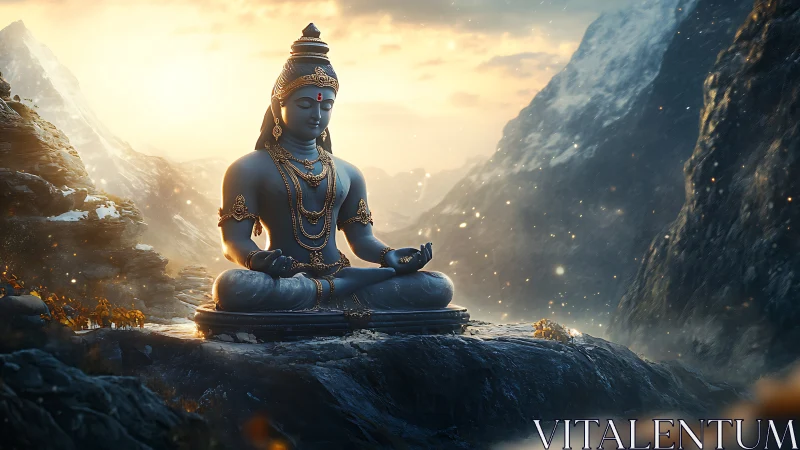 Mountain dawn yogi statue cradling quiet cosmic light.